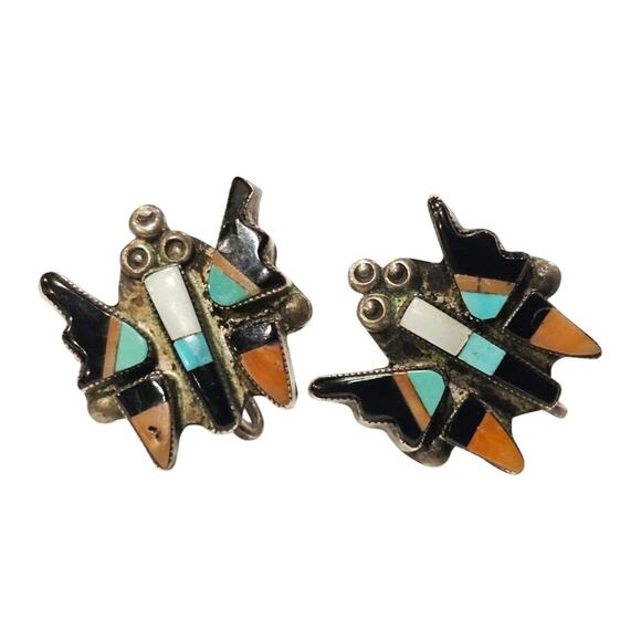 Vintage Zuni Butterfly Earrings Jewelry - 🦋 Vintage Zuni Sterling Butterfly Screwback Earrings - Inlay